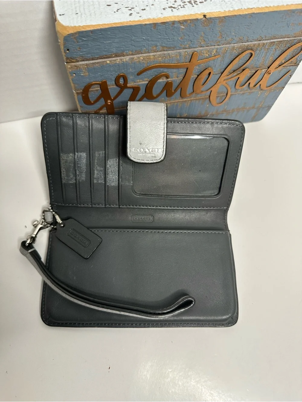 Coach Silver Pebbled Leather Wristlet Case with Strap